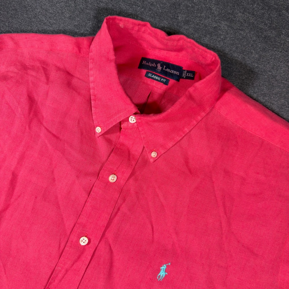 Ralph Lauren Button Down Shirt Mens XXL Red 100% Linen Classic Fit Short Sleeve